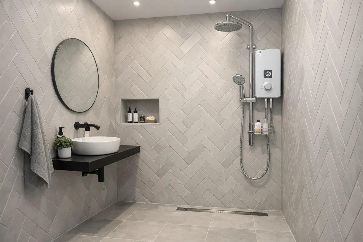 Electric shower mixer installed in a panelled wet room enclosure