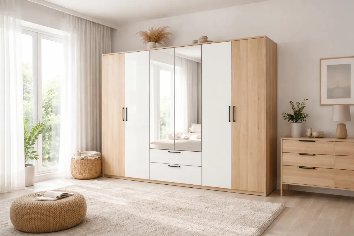 Built-in wardrobe with organised interior storage in a bedroom setting
