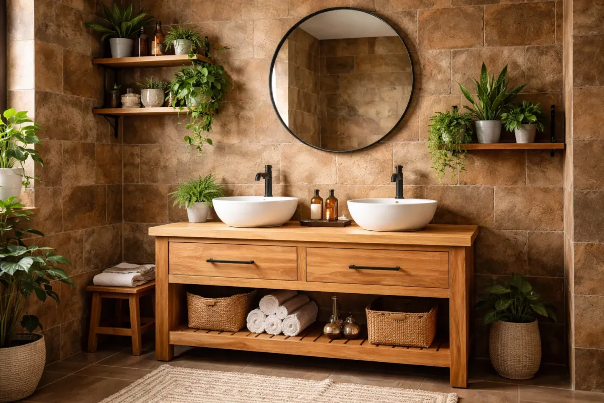 Double basin vanity with oak timber unit, white vessel basins and matt black taps against natural stone tiles