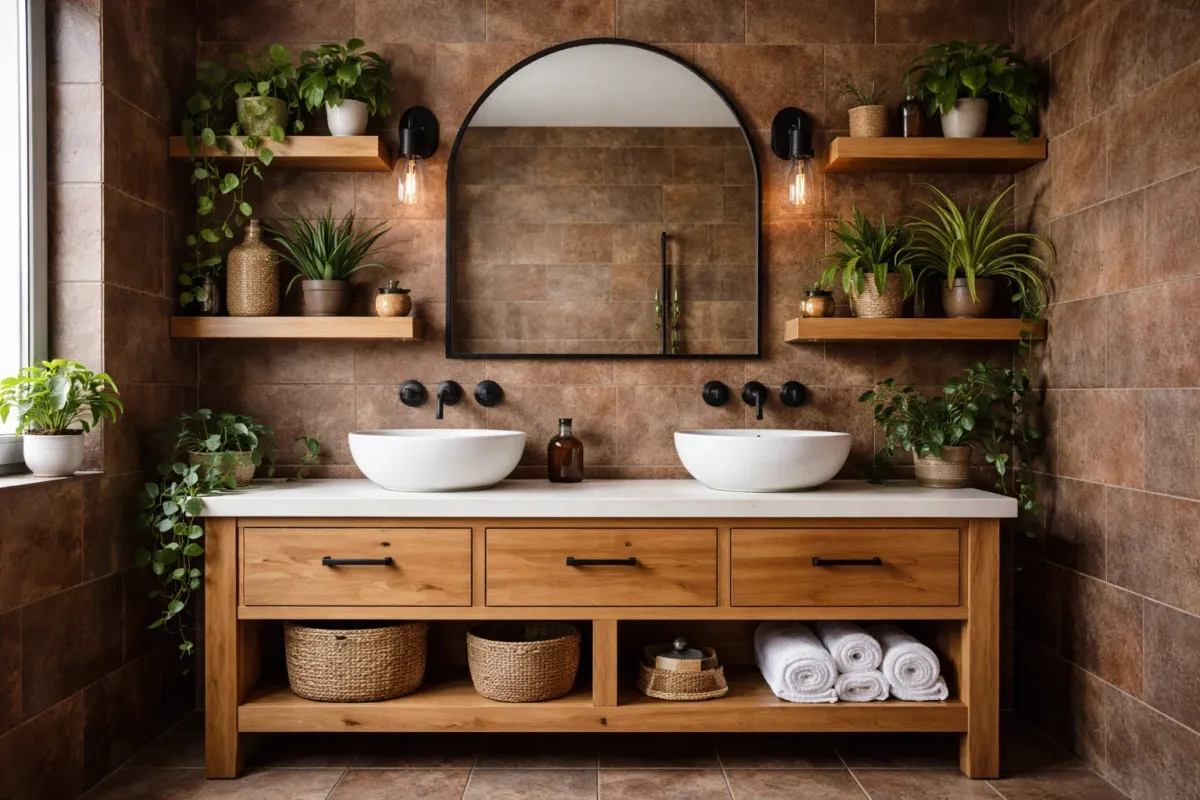 Double basin vanity with wall-mounted matt black taps, arch mirror and oak unit against dark brown stone tiles