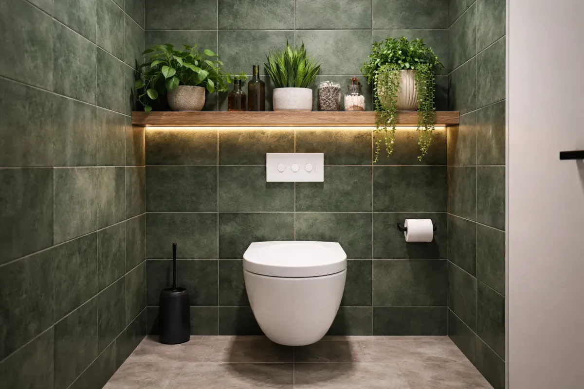 Wall-hung toilet with matt black flush plate, accessories and toilet brush holder against green textured tiles