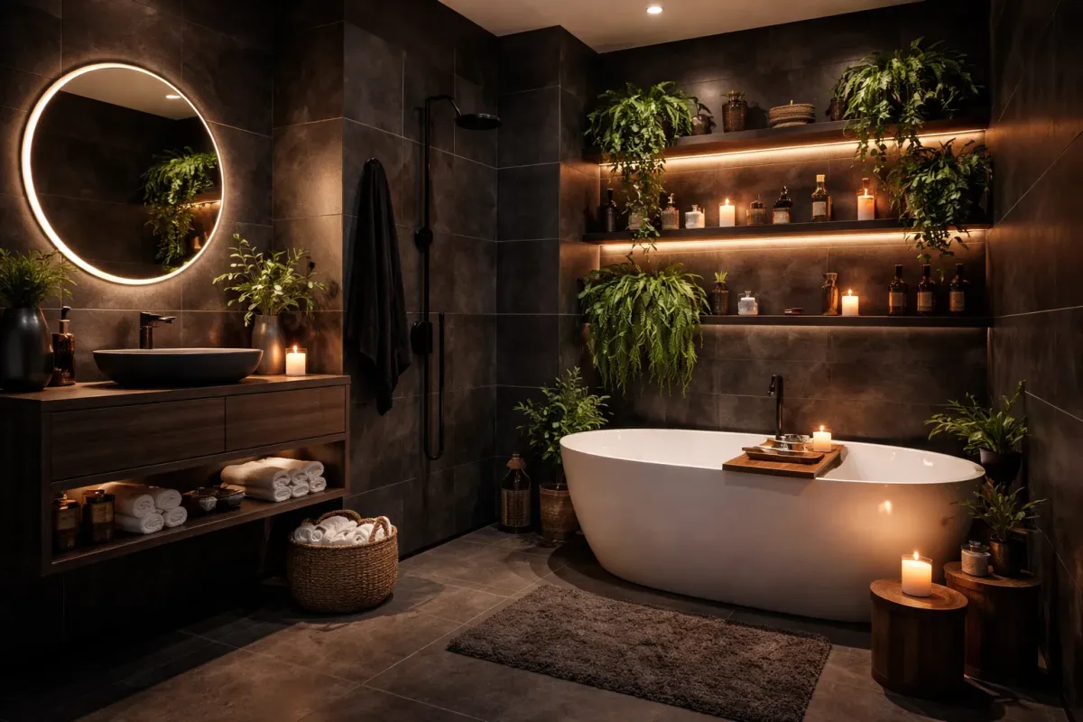 Dark modern bathroom with large format charcoal tiles, freestanding bath, trailing plants and candlelight creating a luxurious industrial atmosphere