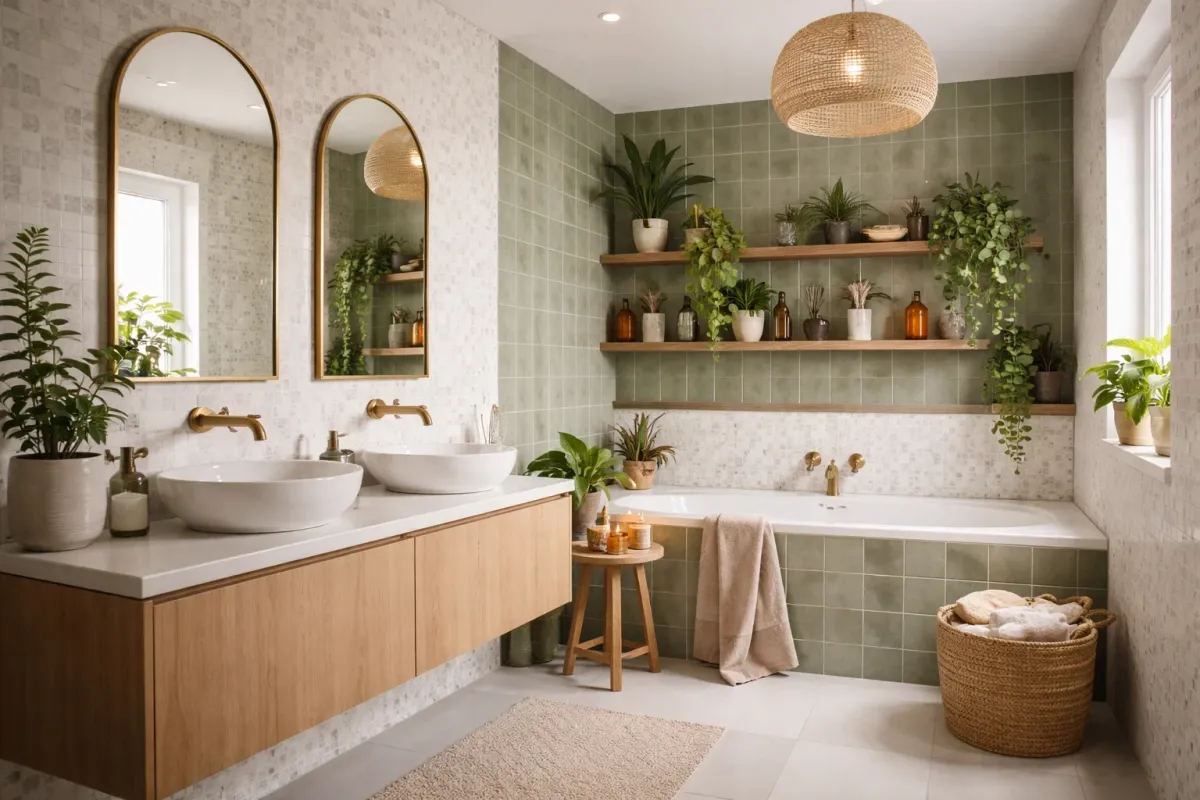 Sage green vertical stack bond tiles with oak vanity unit, countertop basin and brass mixer tap in a Scandinavian-style bathroom