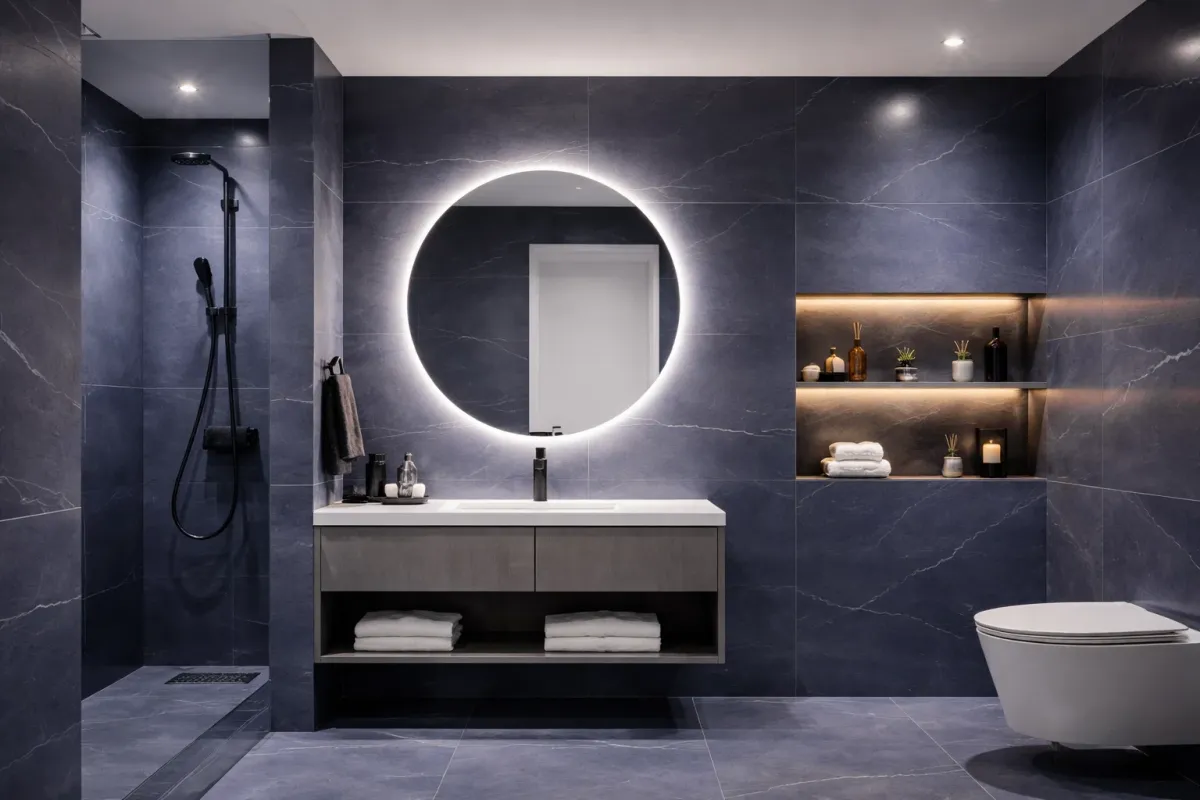 Completed modern shower room with bath showing the results of quality DIY bathroom work