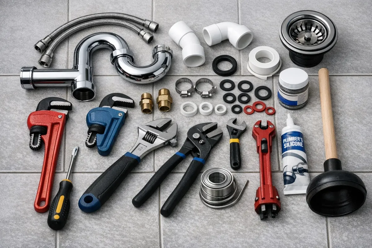 Plumbing tools laid out for a bathroom fitting project