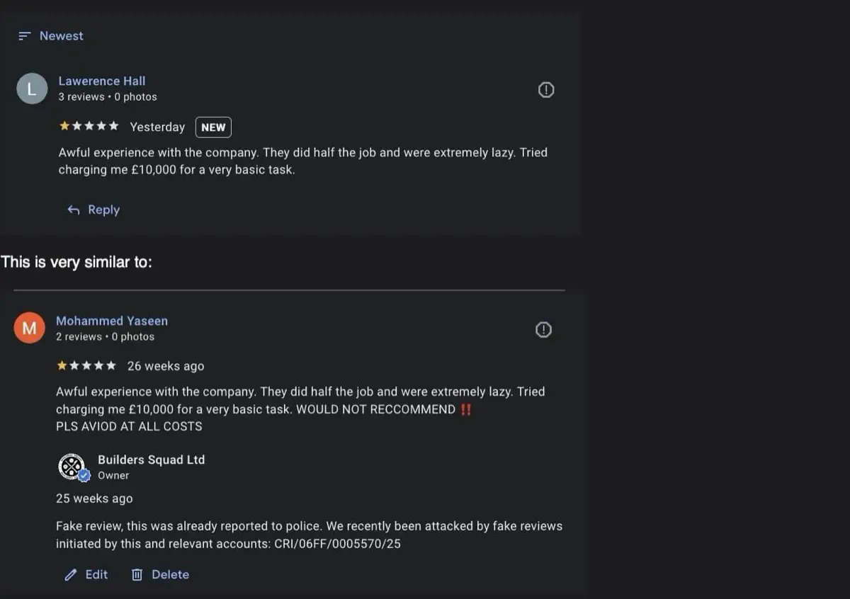 Negative fake review example - content has been re-used