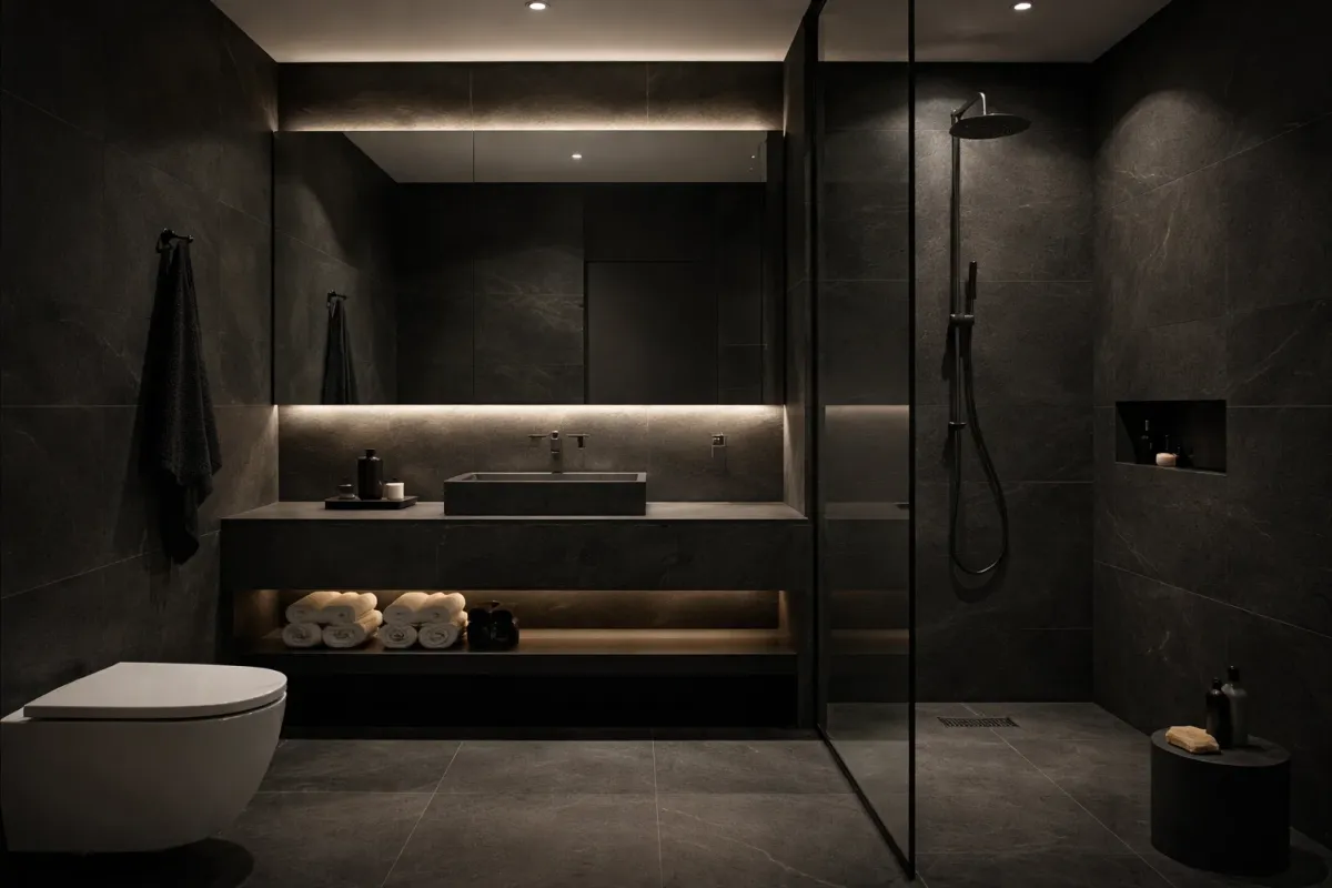 Dark luxury bathroom with vessel basin, chrome taps, walk-in shower with glass screen and wall-hung toilet