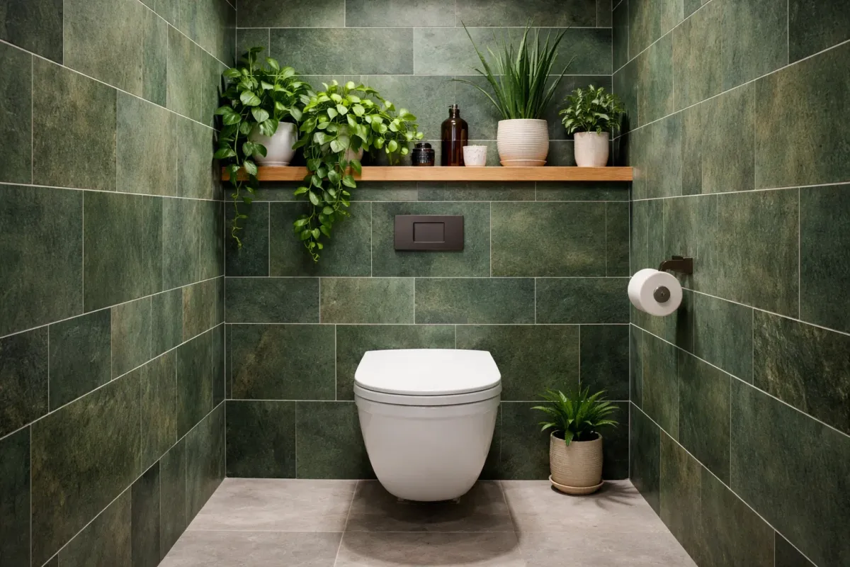 Smart toilet with integrated bidet wash and heated seat in a modern bathroom