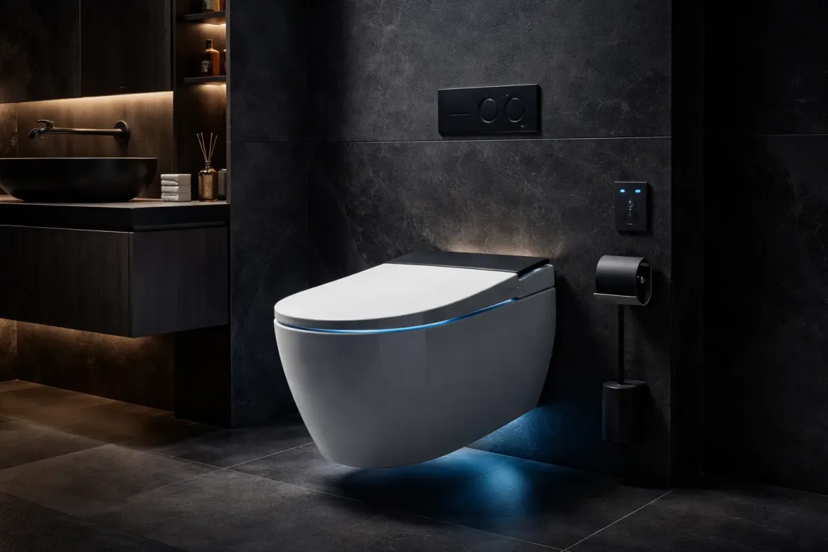 Wall-hung smart toilet with dual flush plate and LED underglow in a modern dark-tiled bathroom