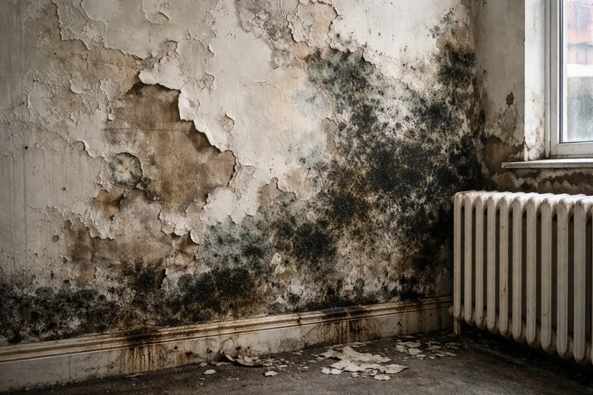 Damp damage showing on walls with visible moisture problems and deteriorating plaster