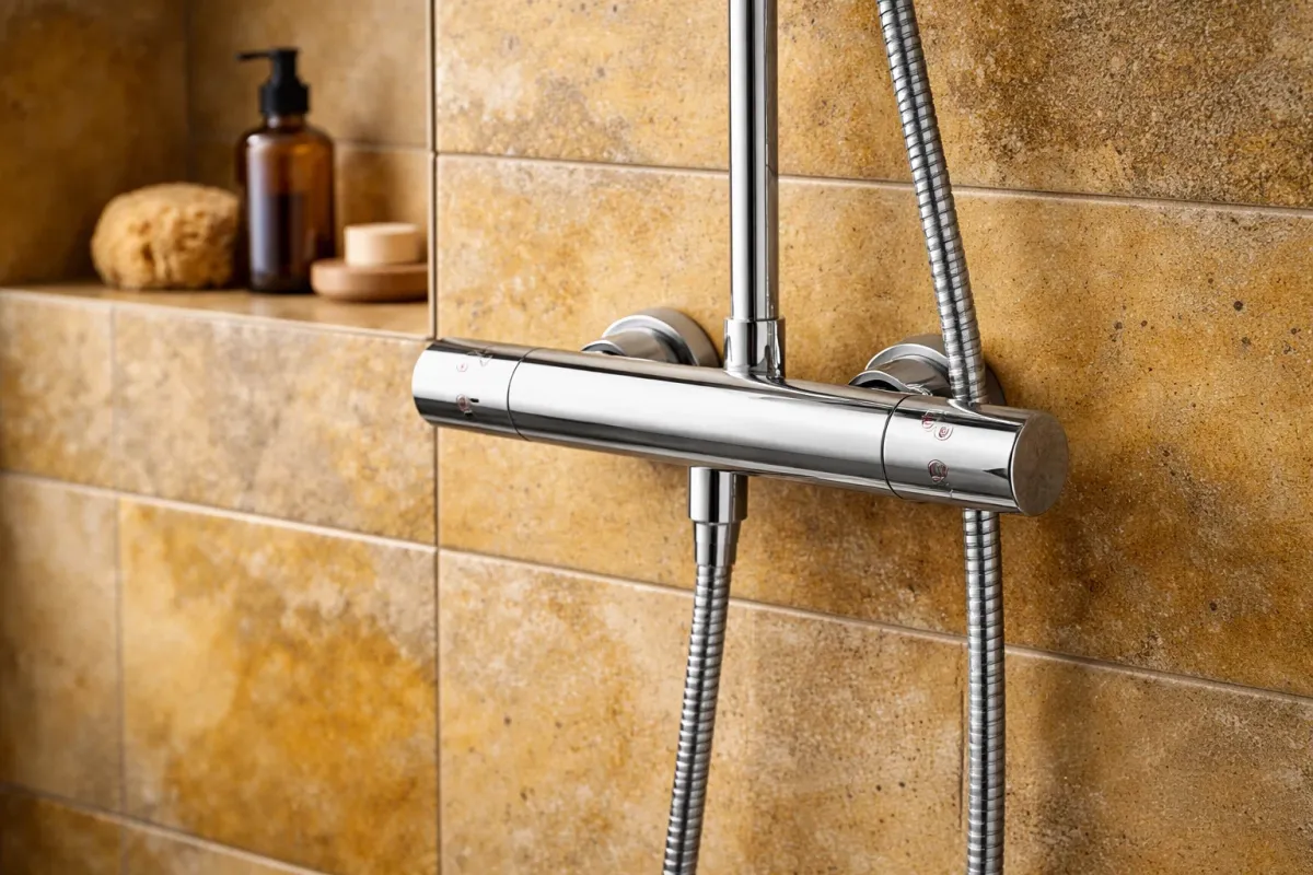 Thermostatic shower mixer fitted on decorative yellow tiles showing bold colour choices