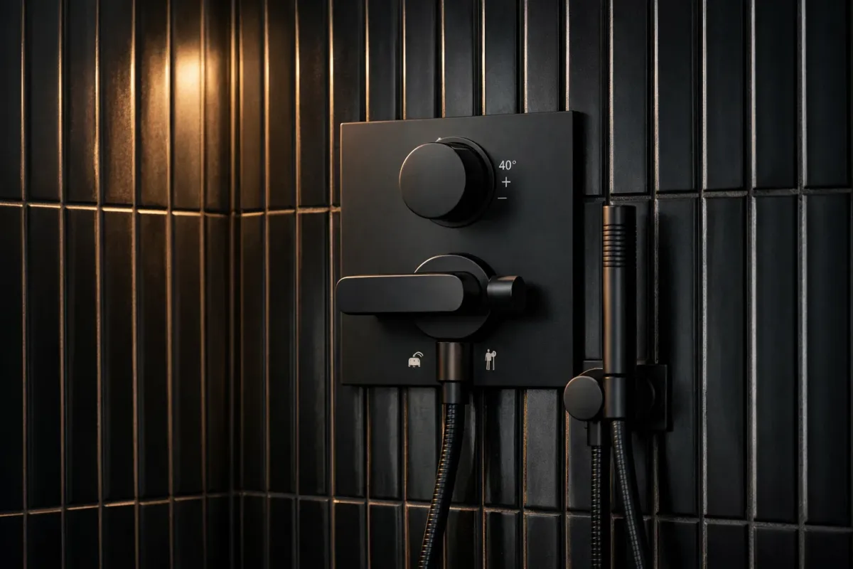 Shower mixer with precision temperature regulation in a luxury bathroom