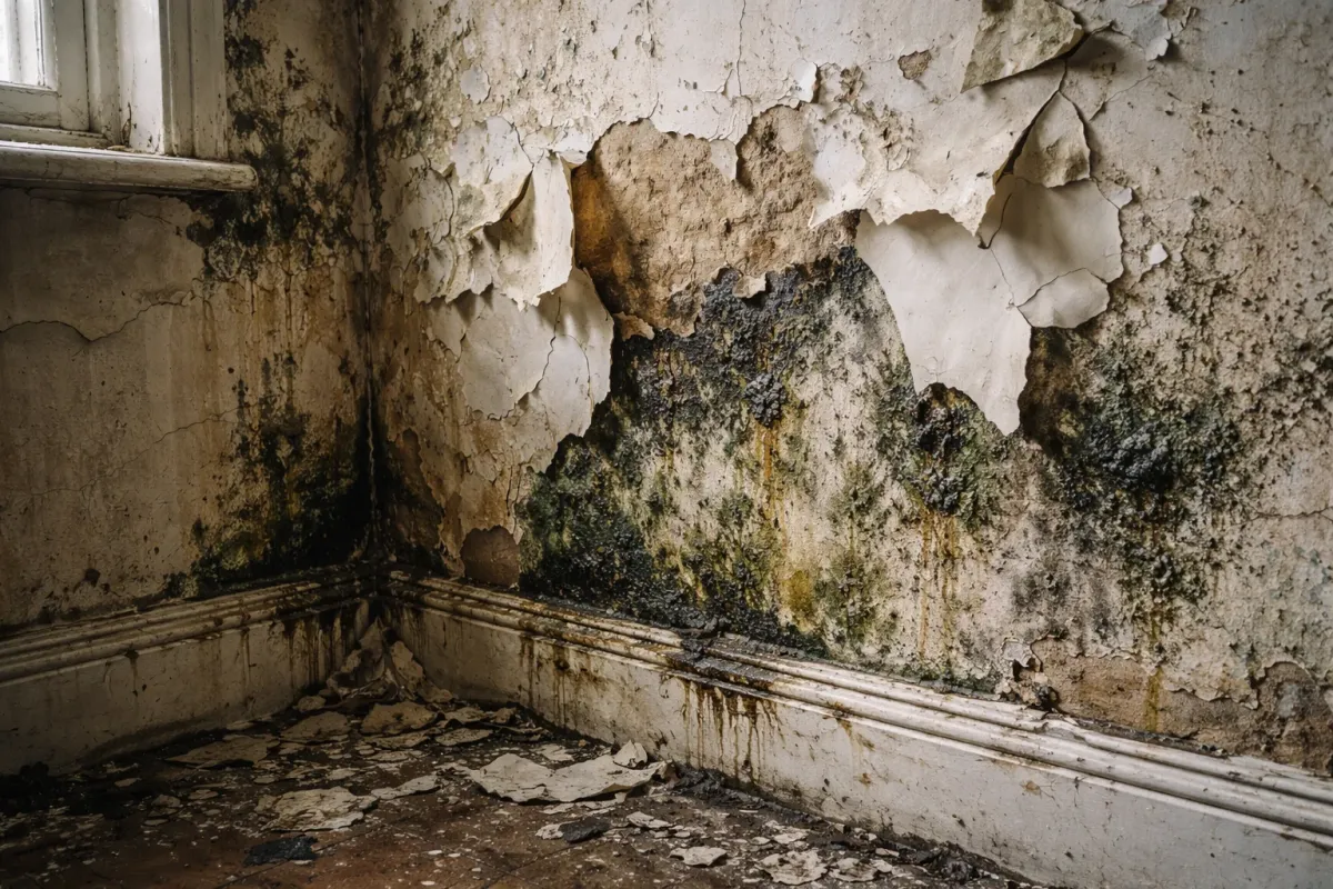Damp and structural issues revealed behind kitchen walls during strip-out