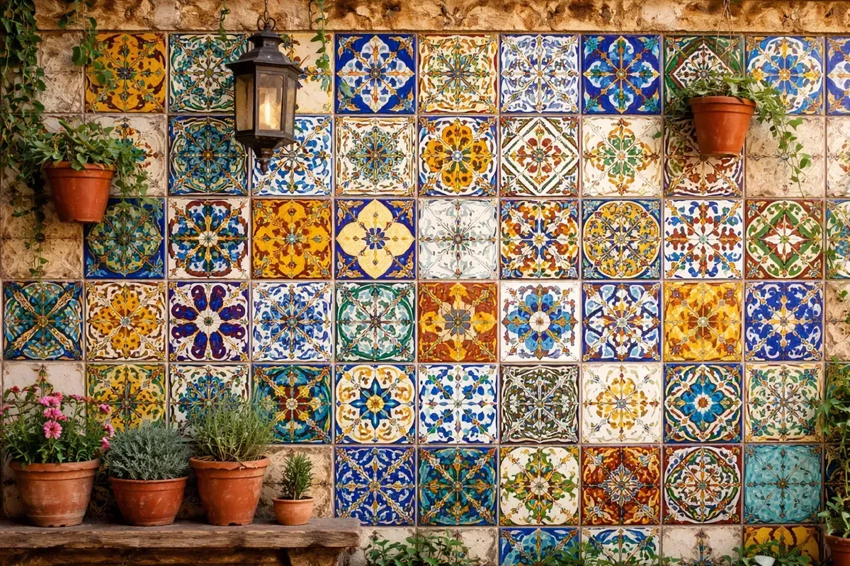 Beautiful patterned bathroom tiles showing layout planning