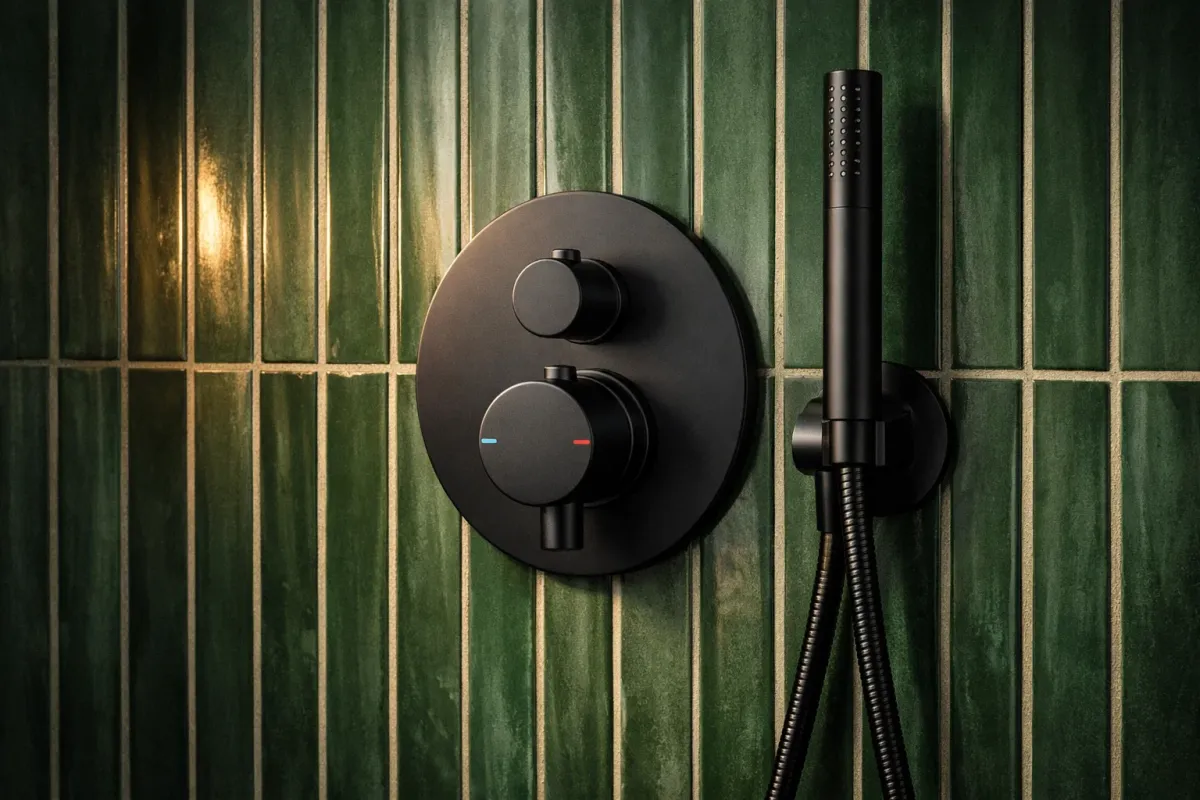 Built-in wall-mounted shower mixer showing integrated thermostatic controls