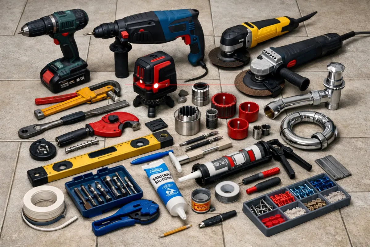 Professional bathroom fitter tools used during wet room and shower room installations