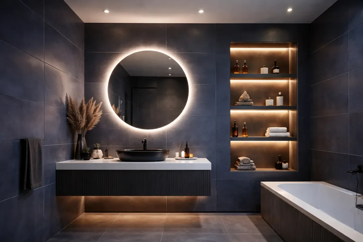 Elegant bathroom with indigo blue tiling and contemporary shower fittings