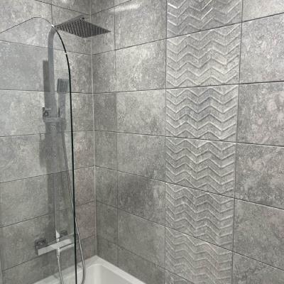 grey tiles in the bathroom