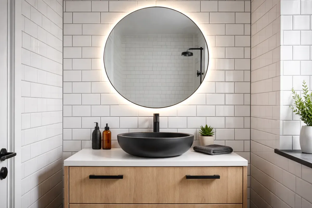 Metro tiles installed on bathroom walls with white grout lines